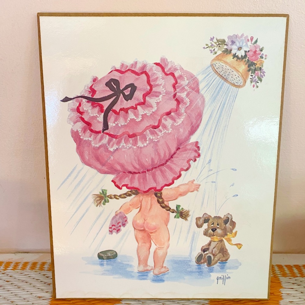 Vintage 1960s Bathtub Shower Baby  And Dog Griffin Mid Century Plaque
